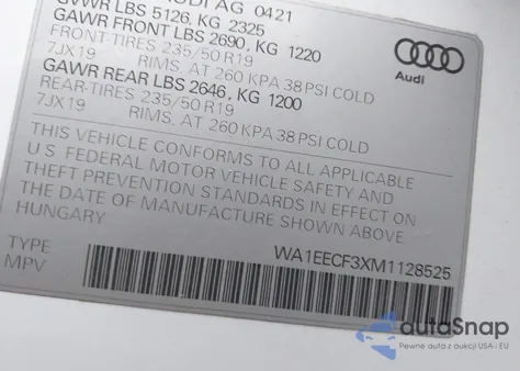 2021 Audi Q3 Premium Plus 45 Tfsi S Line Quattro Tiptronic из США, поврежденный, VIN WA1EECF3XM1128525